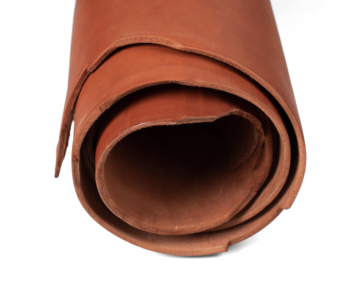 Close up of rolled ChahinLeather Dark Chestnut Skirting